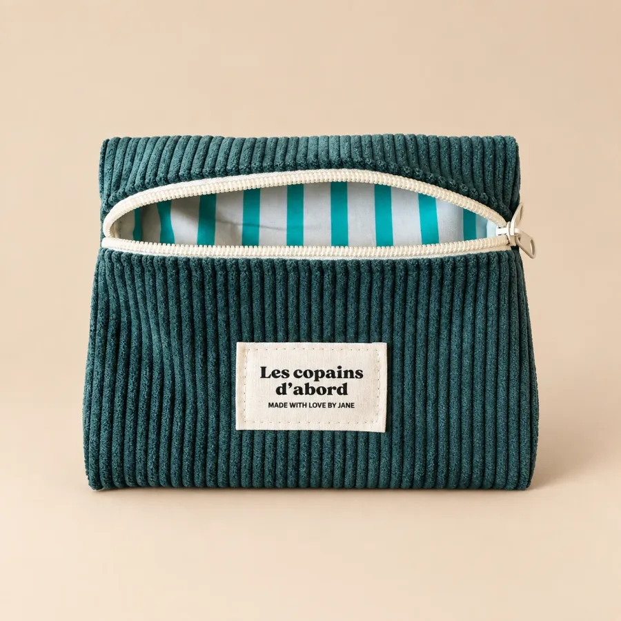 Pochette en velours bleu canard ouverte sur sa doublure à rayures turquoise, étiquette Les copains d’abord