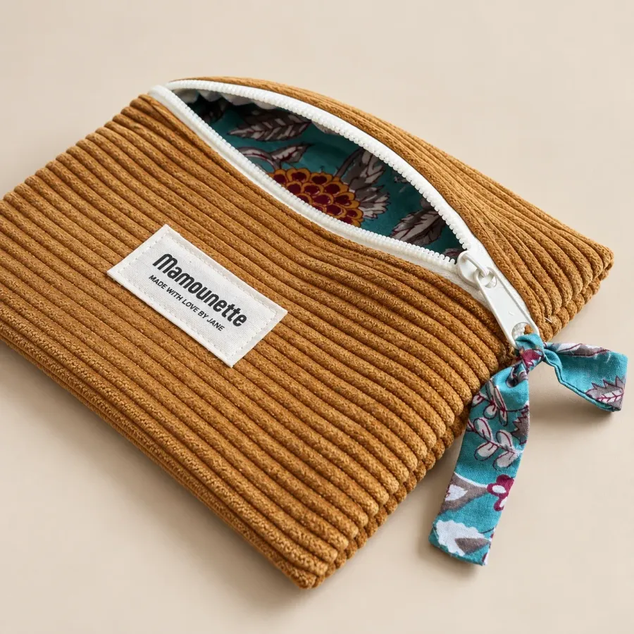 Pochette ocre entrouverte sur sa doublure fleurie turquoise, étiquette Mamounette