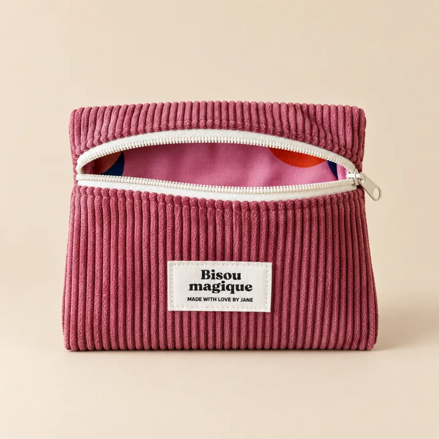 Pochette en velours rose des bois ouverte sur sa doublure rose à pois, étiquette Bisou Magique