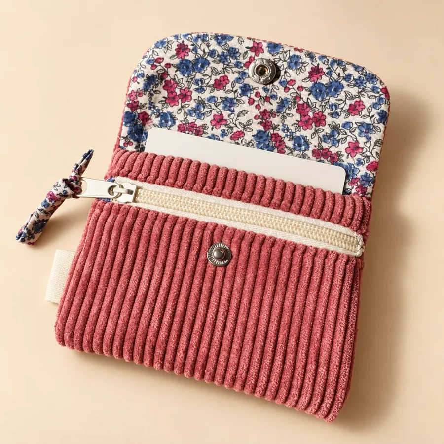 Porte-cartes rose des bois ouvert, une carte glissée sous le rabat doublé de tissu fleuri bleu et rose